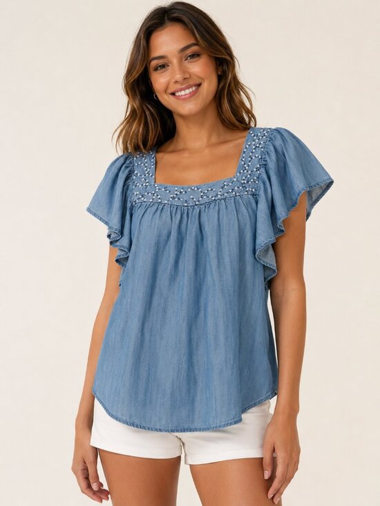 Liz Claiborne Tops - Liz Claiborne Woman 1X Chambray Embroidered Flutter Sleeve Blouse Boho Peasant